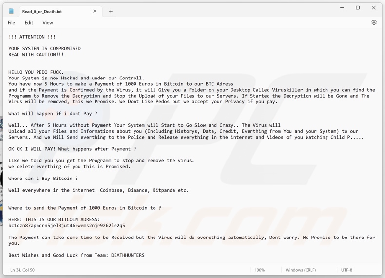 DeathHunters ransomware nota di riscatto (Read_it_or_Death.txt)
