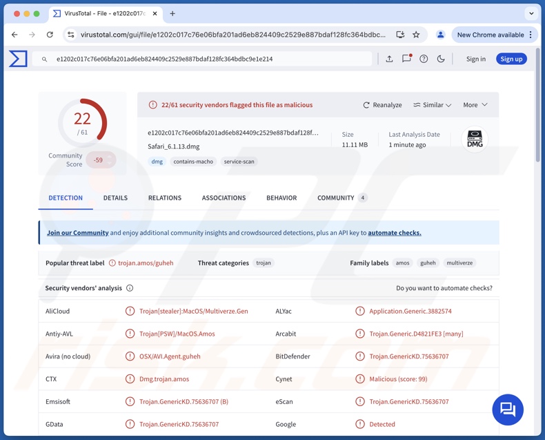 FrigidStealer rilevamenti di malware su VirusTotal