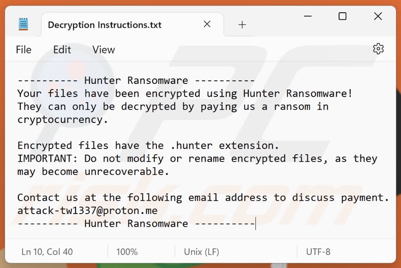 Hunter ransomware file di testo (Decryption Instructions.txt)