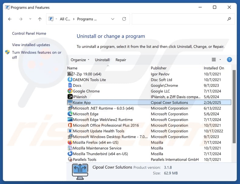 Koaiw App disinstallare via Control Panel