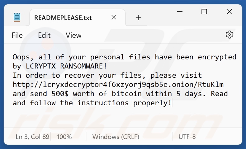 LCRYPTX ransomware nota di riscatto (READMEPLEASE.txt)