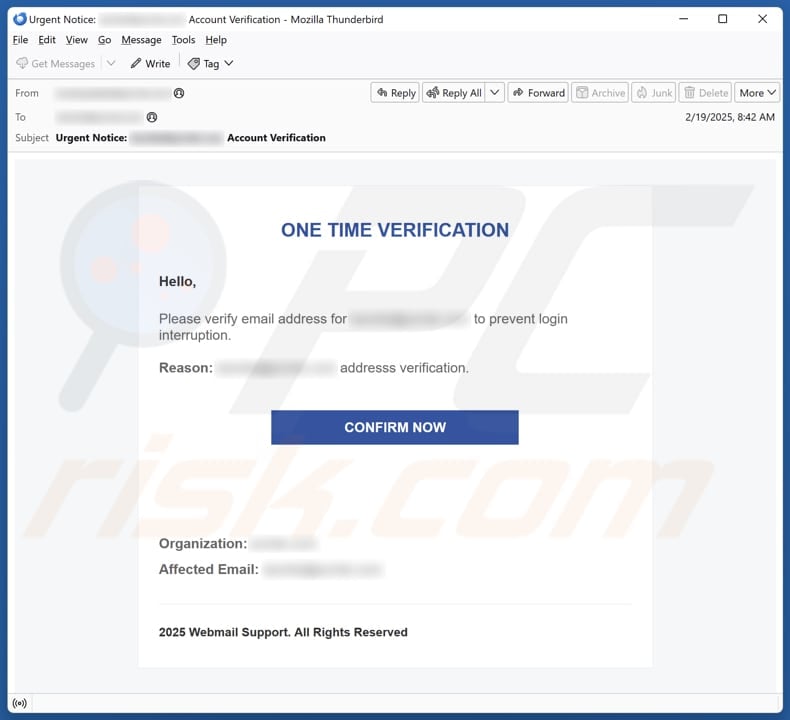 One Time Verification campagna di spam via e-mail