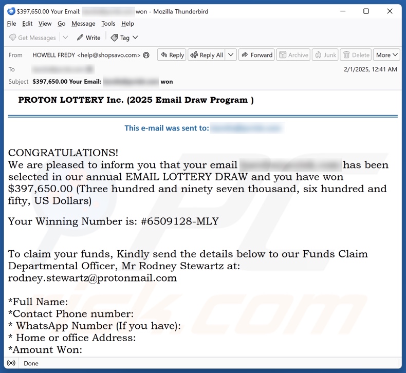 PROTON LOTTERY campagna di spam via e-mail