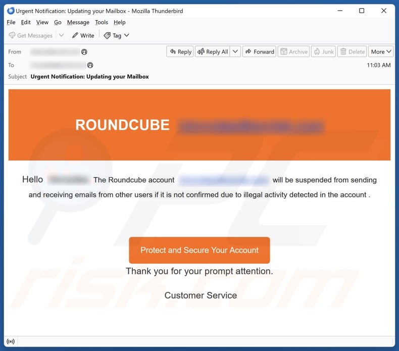 Roundcube Account Will Be Suspended campagna di spam via e-mail