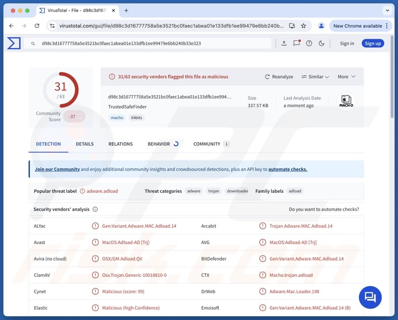 TrustedSafeFinder Rilevamenti di adware su VirusTotal