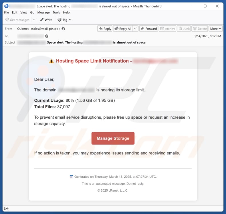 Hosting Space Limit Notification campagna di spam via e-mail