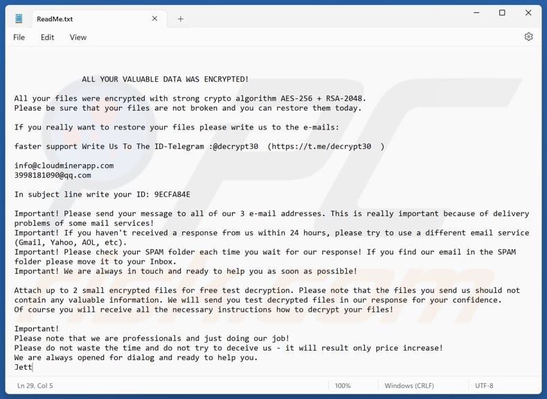 Jett ransomware file di testo (ReadMe.txt)