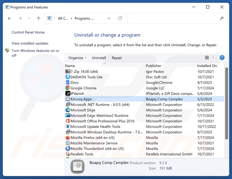 Kiicvoq Apps disinstallare via Control Panel