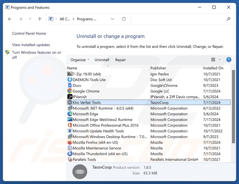Klio Verfair Tools disinstallare via Control Panel