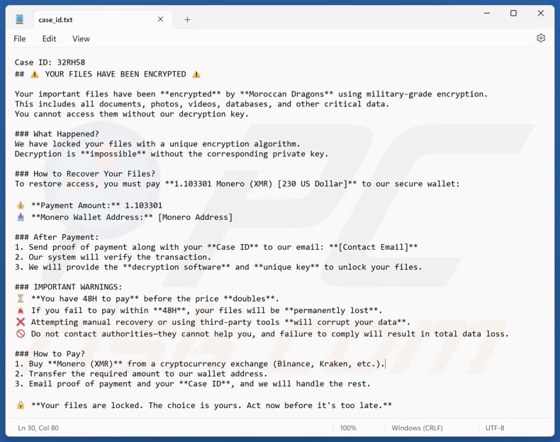 Moroccan Dragon nota di riscatto ransomware (case_id.txt)