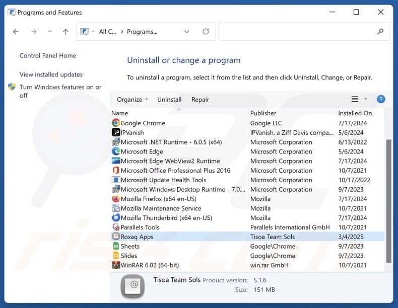 Roxaq Apps disinstallare via Control Panel