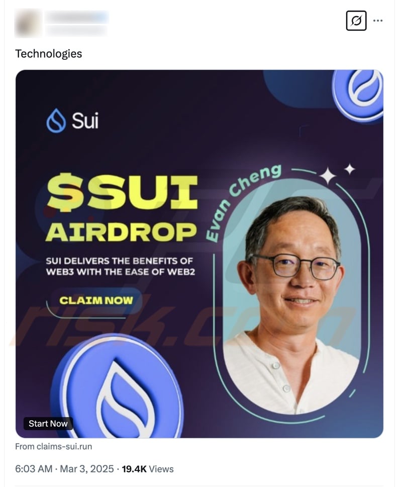 $SUI Airdrop truffa che promuove il post di X (Twitter)