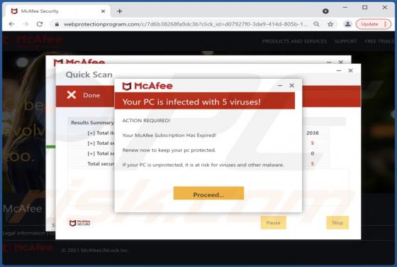 McAfee - Your PC is infected with 5 viruses! POP-UP Truffa