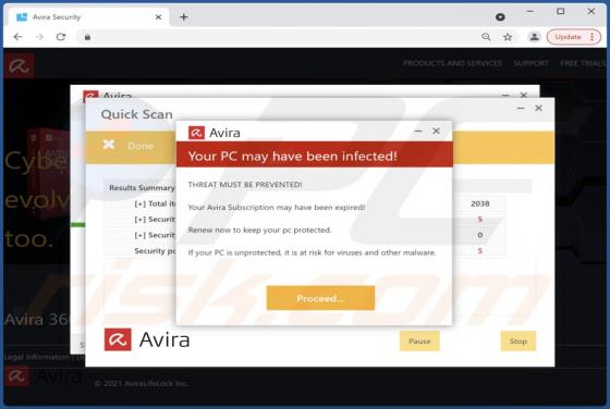 Avira - Your Pc May Have Been Infected POP-UP Truffa