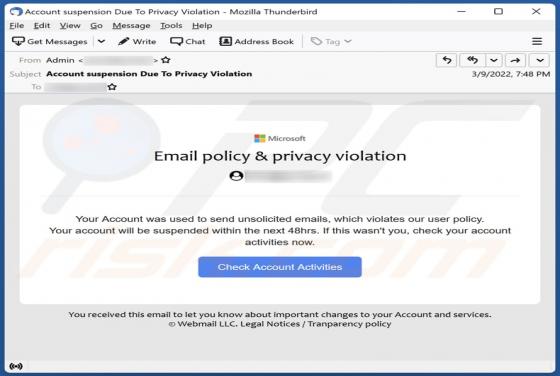 Email policy & privacy violation Email Truffa
