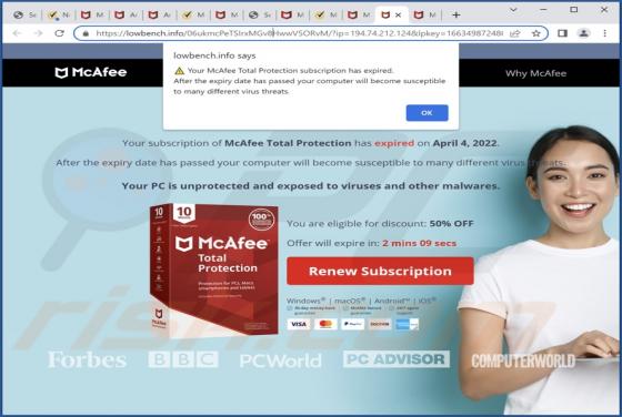 McAfee Total Protection Has Expired POP-UP Truffa