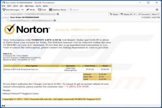 Norton Subscription Will Renew Today Email Truffa