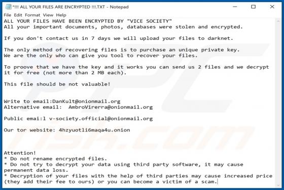 VICE SOCIETY Ransomware
