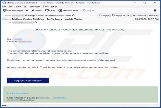 YOUR MAILBOX IS OUTDATED Email Truffa