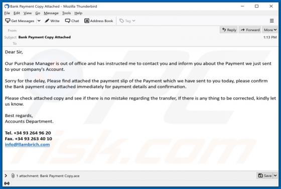 Bank Payment Copy Email Virus