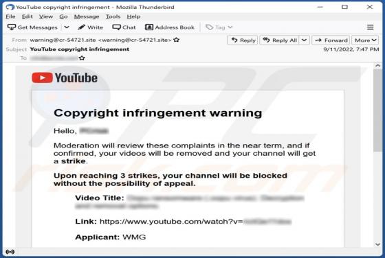YouTube Copyright Infringement Warning Email Virus