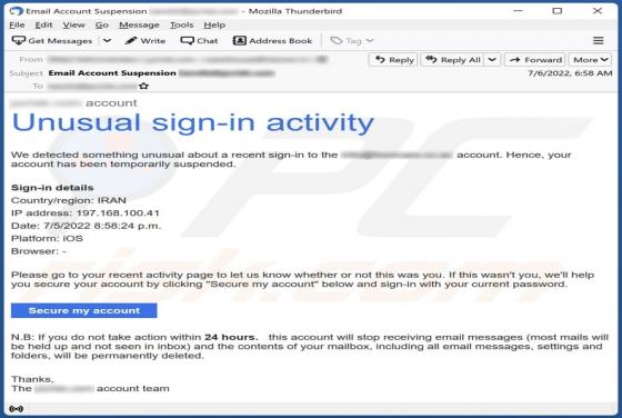 Unusual Sign-in Activity Email Truffa