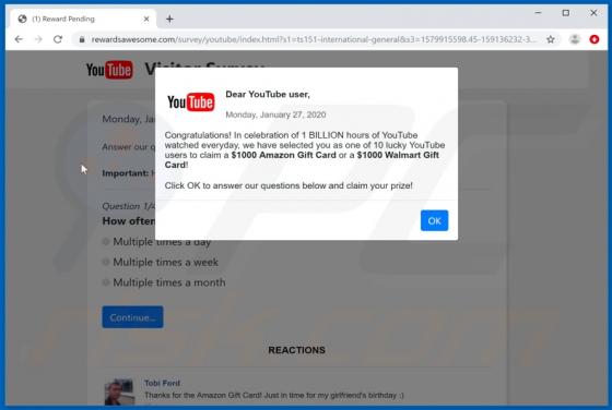 Dear YouTube user, Congratulations! POP-UP Truffa