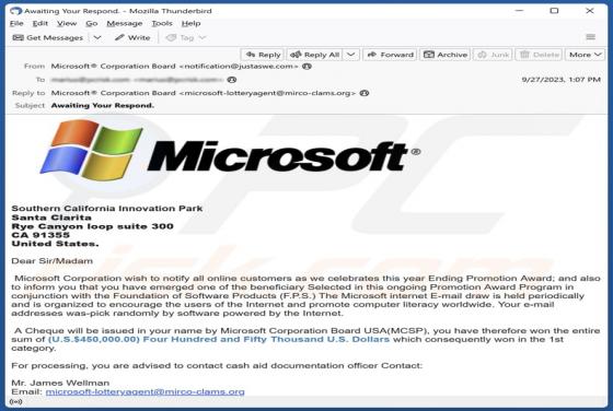 Microsoft Ending Promotion Award Email Truffa