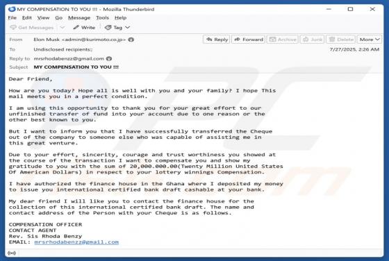 Lottery Winnings Compensation Email Truffa