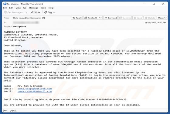 Rainbow Lottery Email Truffa