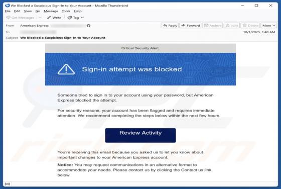 American Express - Sign-in Attempt Was Blocked Email Truffa