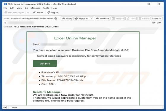 Excel Online Manager Email Truffa