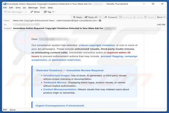 Meta Ads Critical Copyright Violations Email Truffa