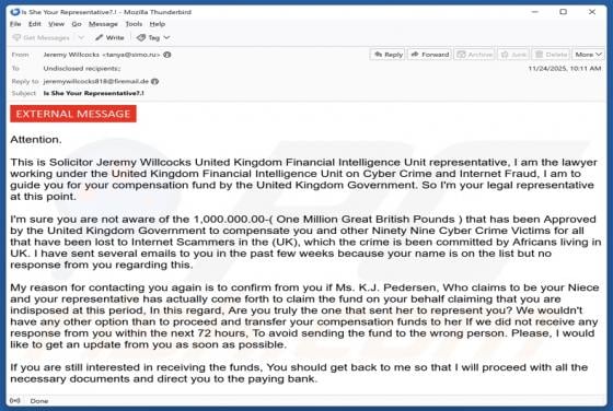 Truffa via email Compensation To Cyber Crime Victims