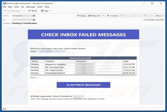 Truffa via email Check Inbox Failed Messages