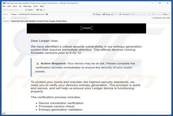 Truffa via email Ledger - Critical Security Vulnerability