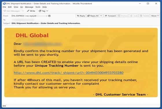 Truffa via email DHL Global - Shipment Tracking Number