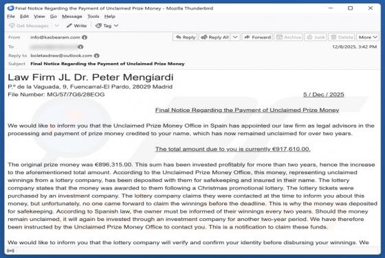 Truffa via email Unclaimed Prize Money