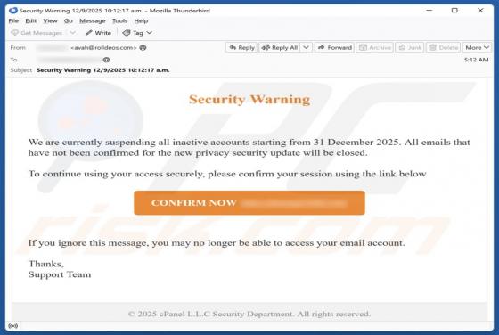 Truffa via email Security Warning