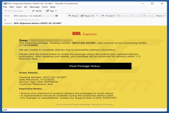 Truffa via email DHL Express - Incomplete Address Information