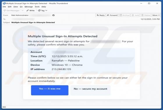 Truffa via email Multiple Unusual Sign-In Attempts Detected