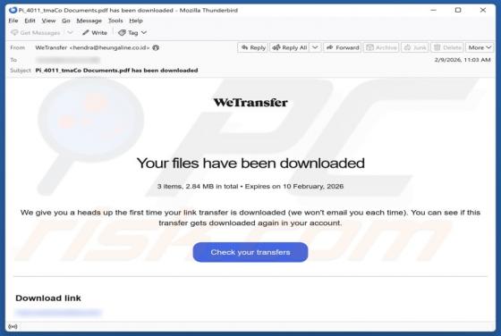 Truffa via email WeTransfer - Your Files Have Been Downloaded