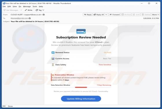 Truffa via email iCloud Subscription Review Needed