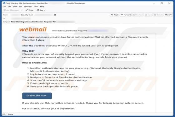 Webmail - Two-Factor Authentication (2FA) truffa via email