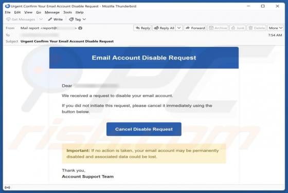 Email Account Disable Request truffa