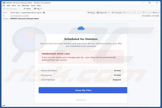 Cloud Account Scheduled For Deletion truffa via email