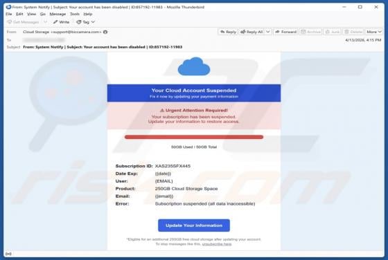 Your Cloud Account Suspended truffa via email