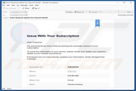 Wix Subscription Renewal truffa via email