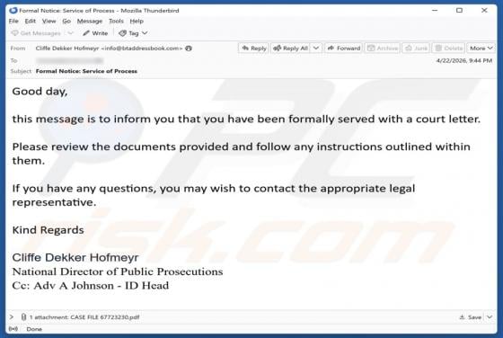 You Have Been Served With A Court Letter truffa via email