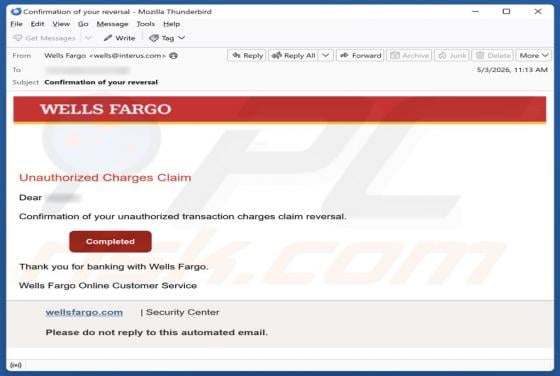 Wells Fargo - Unauthorized Charges truffa via email
